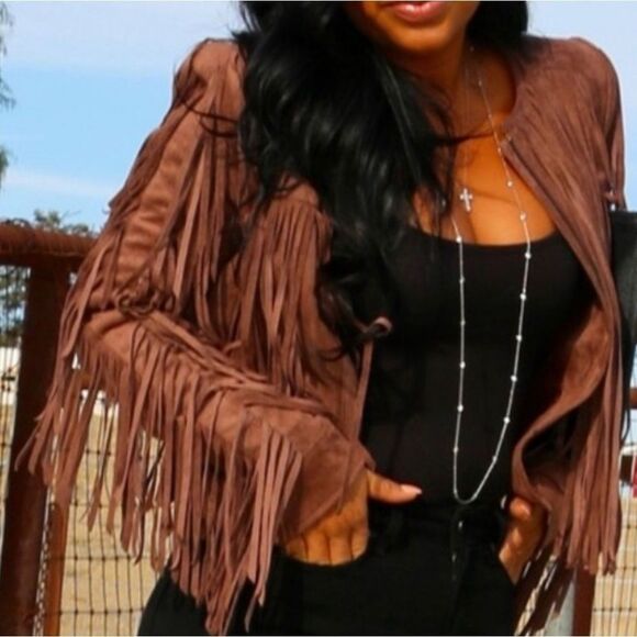 BCBGMaxAzria Farrell Cropped Faux Vegan Leather Suede Fringe Jacket Toffee Sz XS - Picture 1 of 12